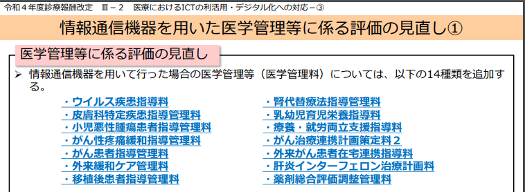 情報通信機器を用いた医学管理等に係る評価の見直し１