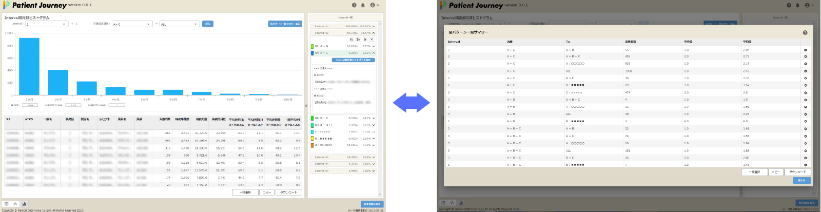 MDV analyzer for Patient JourneyのInterval間月数（日数）ヒストグラムと全パターン一覧