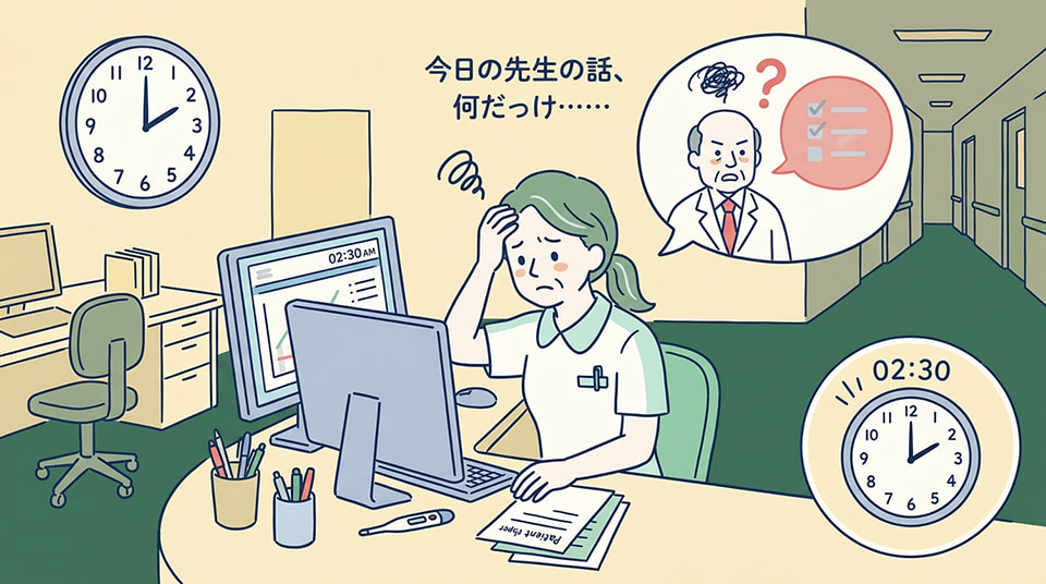 深夜のナースステーションで、日中に聞いた医師の説明を思い出しながらパソコンで記録を書く看護師のイラスト