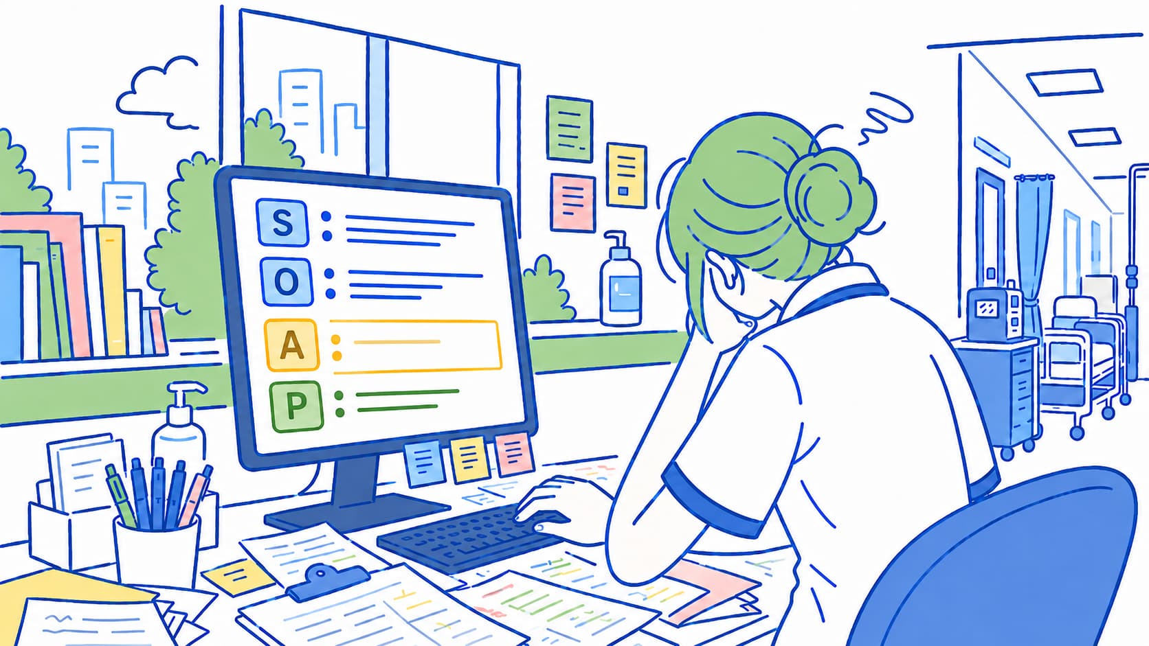 パソコンの画面に表示されたSOAP形式の看護記録を前に、頭を抱えて悩む看護師のイラスト