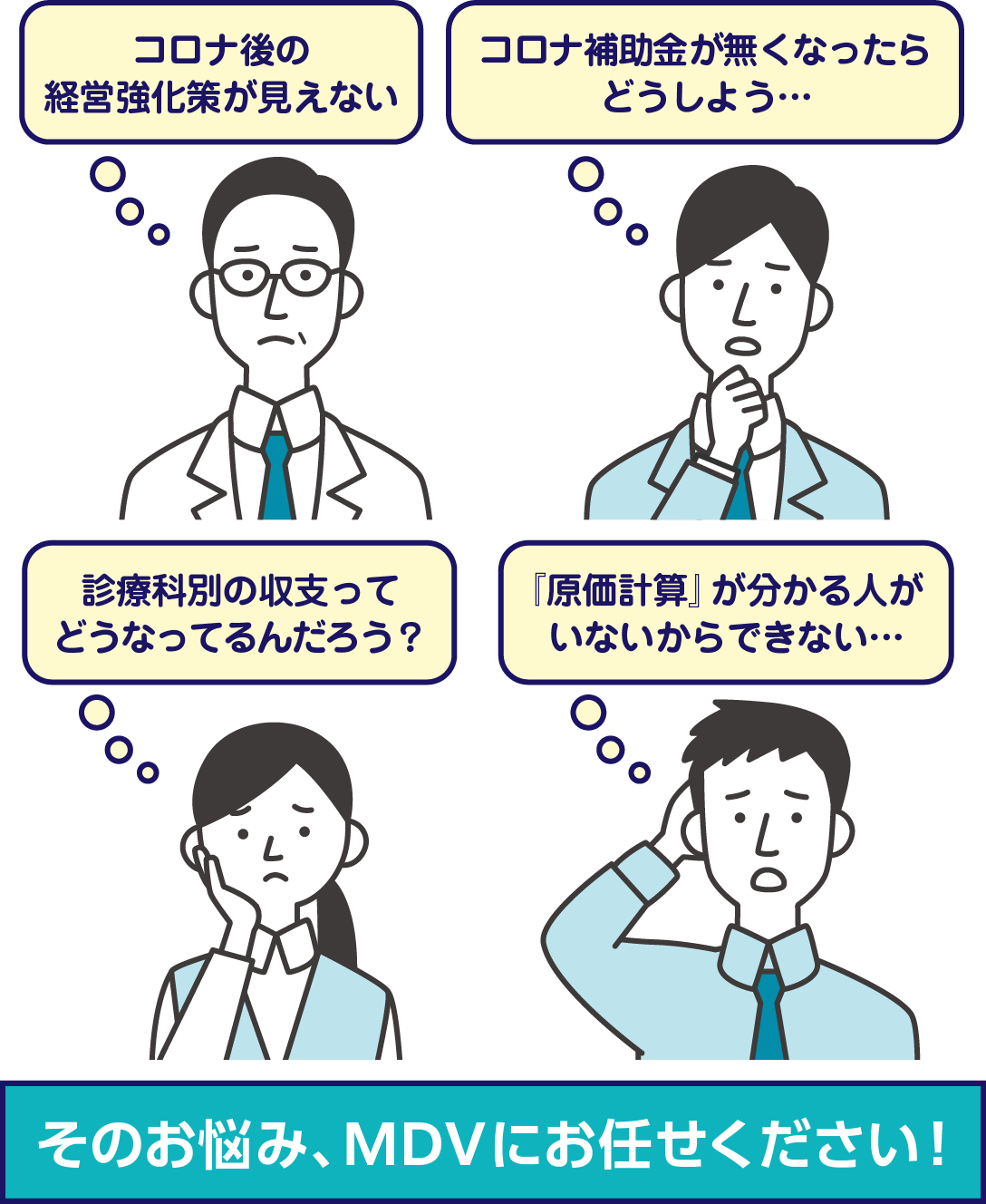 コロナ後の経営強化策、診療科別の収支、原価計算…そのお悩み、MDVにお任せください！