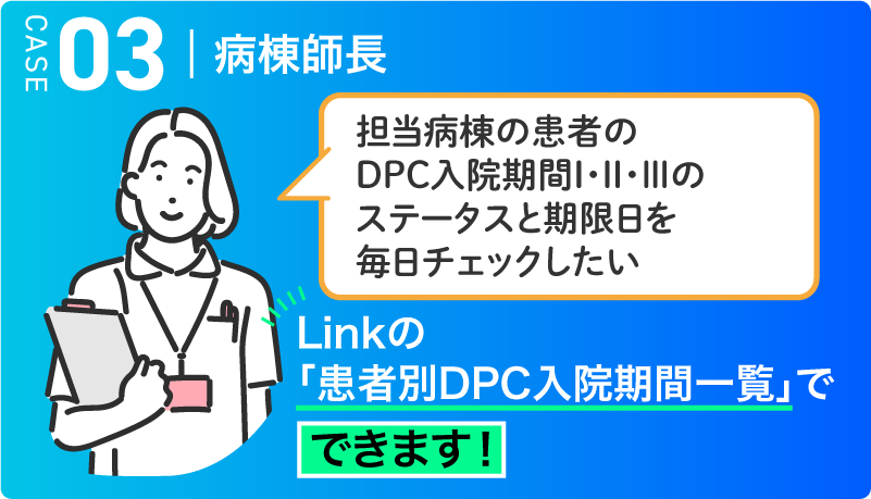 CASE03 病棟師長　担当病棟の患者のDPC入院期間Ⅰ・Ⅱ・Ⅲのステータスと期限日を毎日チェックしたい →　Linkの「患者別DPC入院期間一覧」でできます！
