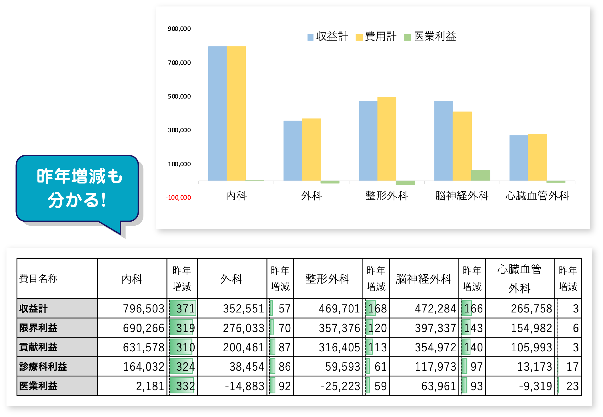 レポートイメージ:診療科別損益表